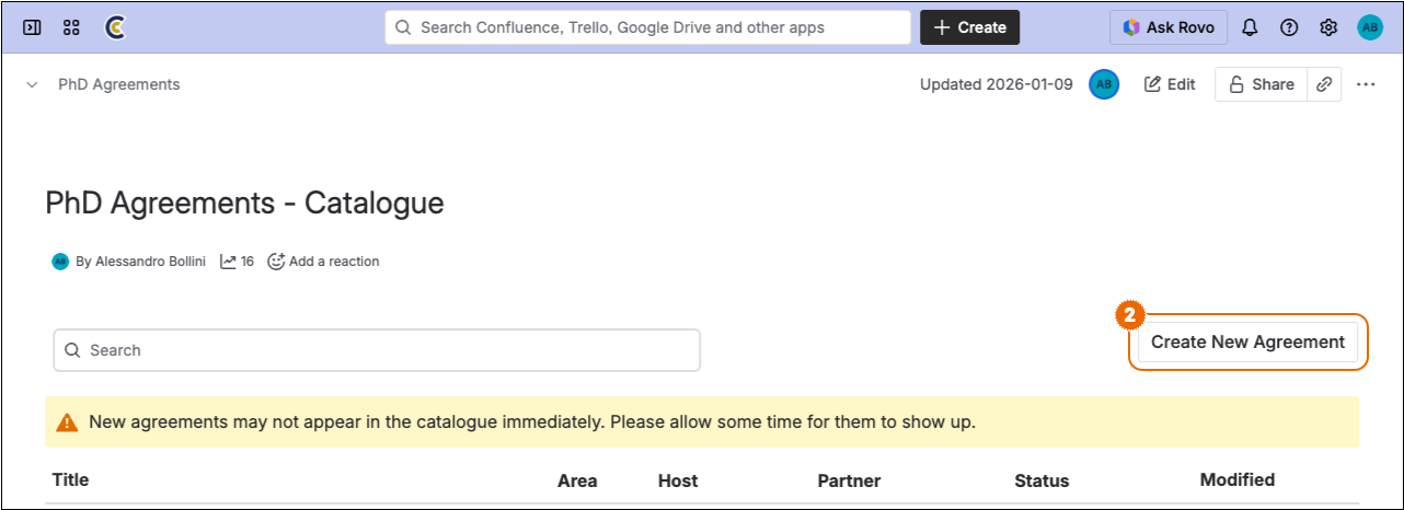 Create new agreement button